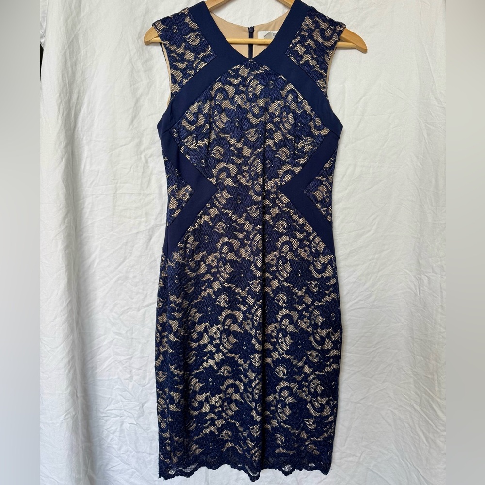 Badgley Mischka Midi Dress in Blue and Tan size 4